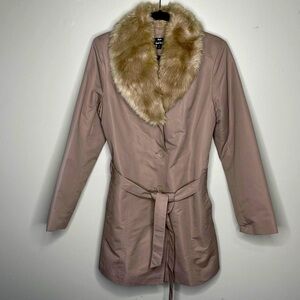 Dennis Basso Faux Fur Trim Coat Shawl Collar Neutral Beige Cream Mob Wife Sz M